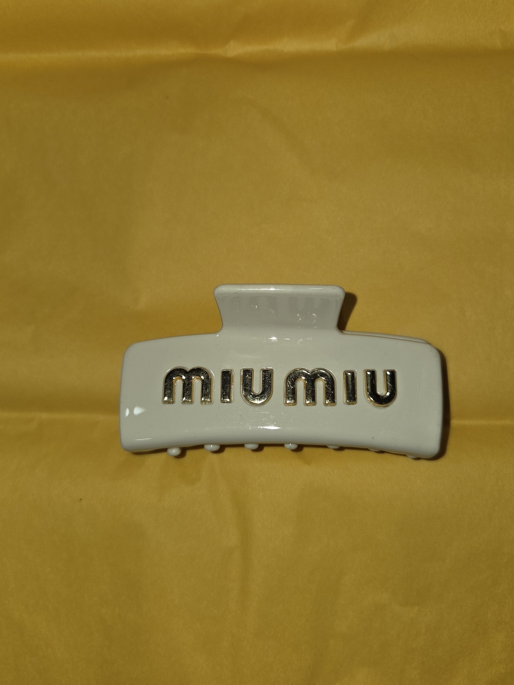 Miu Miu White Hair Claw with Gold Logo